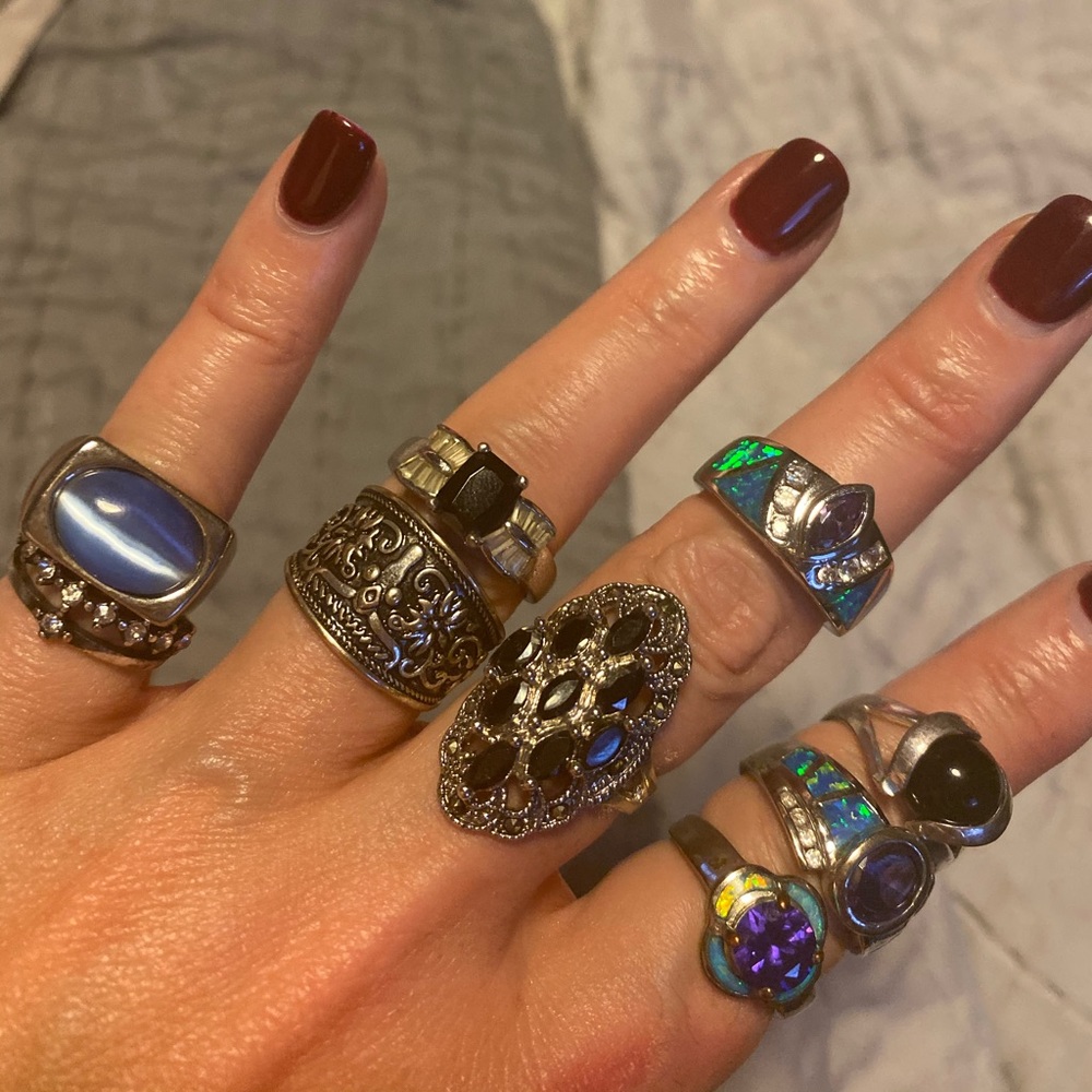 10 silver costume jewelry rings multiple sizes